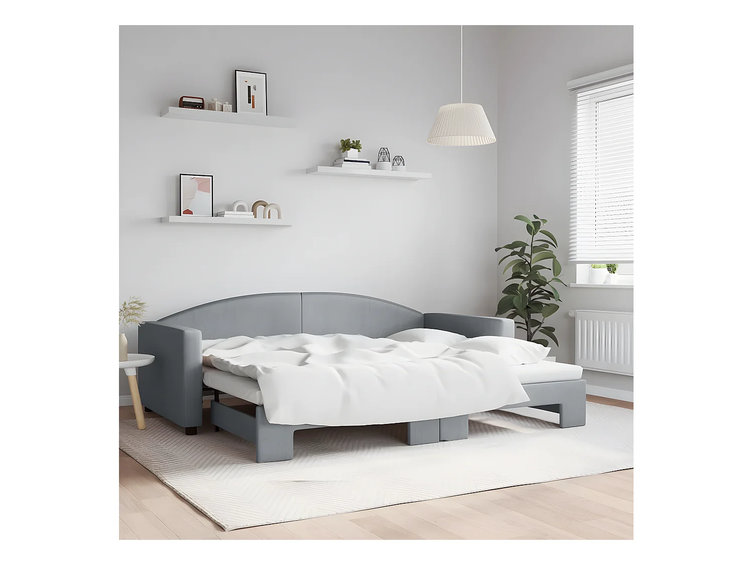 Lit de jour avec lit gigogne gris clair 90x200 cm tissu