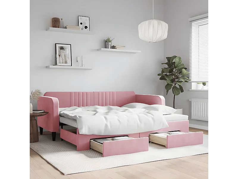 Sofá cama nido con cajones terciopelo rosa 90x200 cm