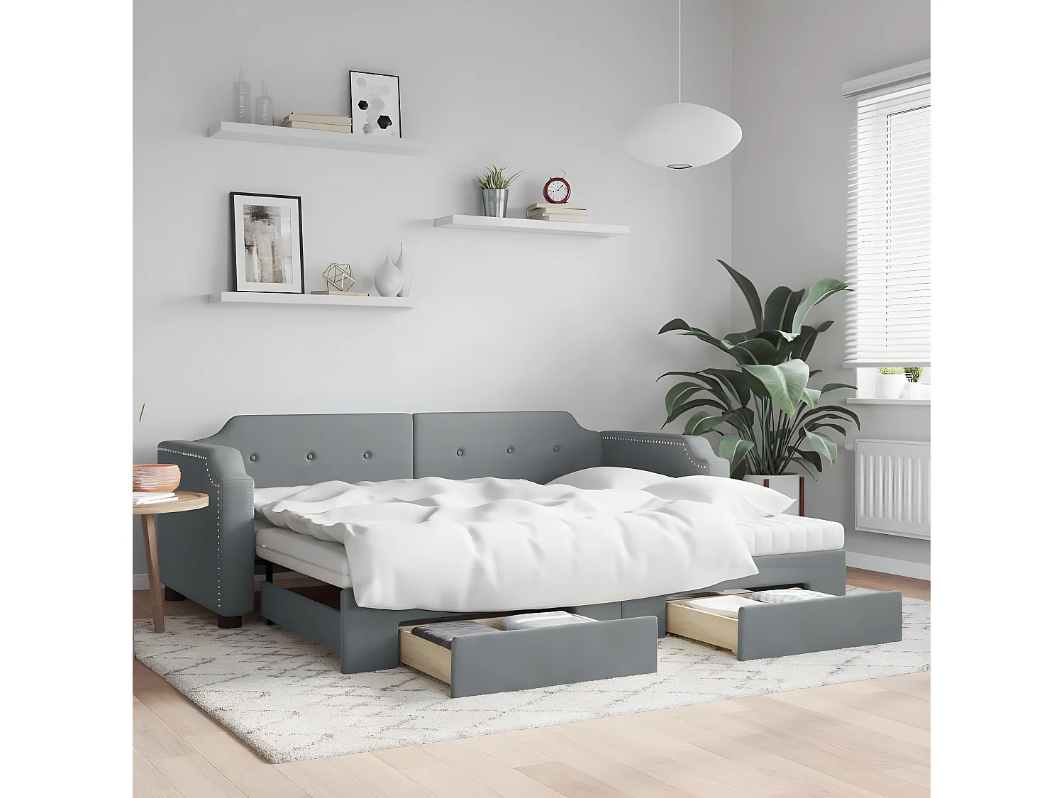 Lit de jour avec gigogne et tiroirs gris clair 90x190 cm tissu