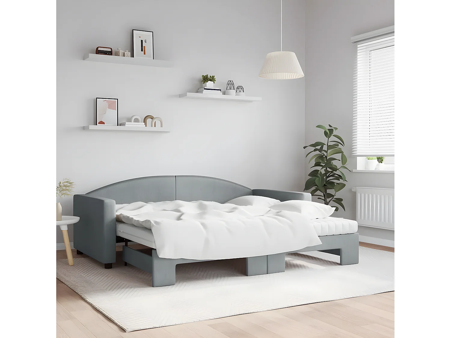 Lit de jour avec gigogne et matelas gris clair 90x190 cm tissu