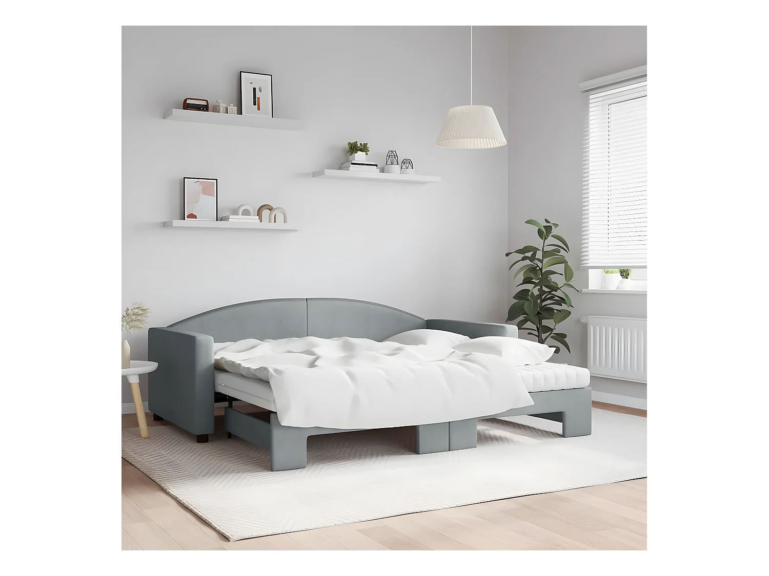 Lit de jour avec gigogne et matelas gris clair 90x190 cm tissu