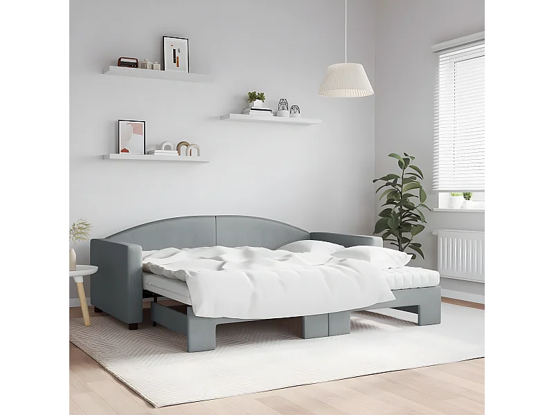 Lit de jour avec gigogne et matelas gris clair 90x190 cm tissu