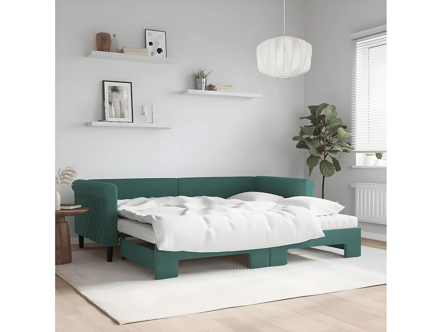 Lit de jour avec gigogne et matelas vert foncé 90x200cm velours