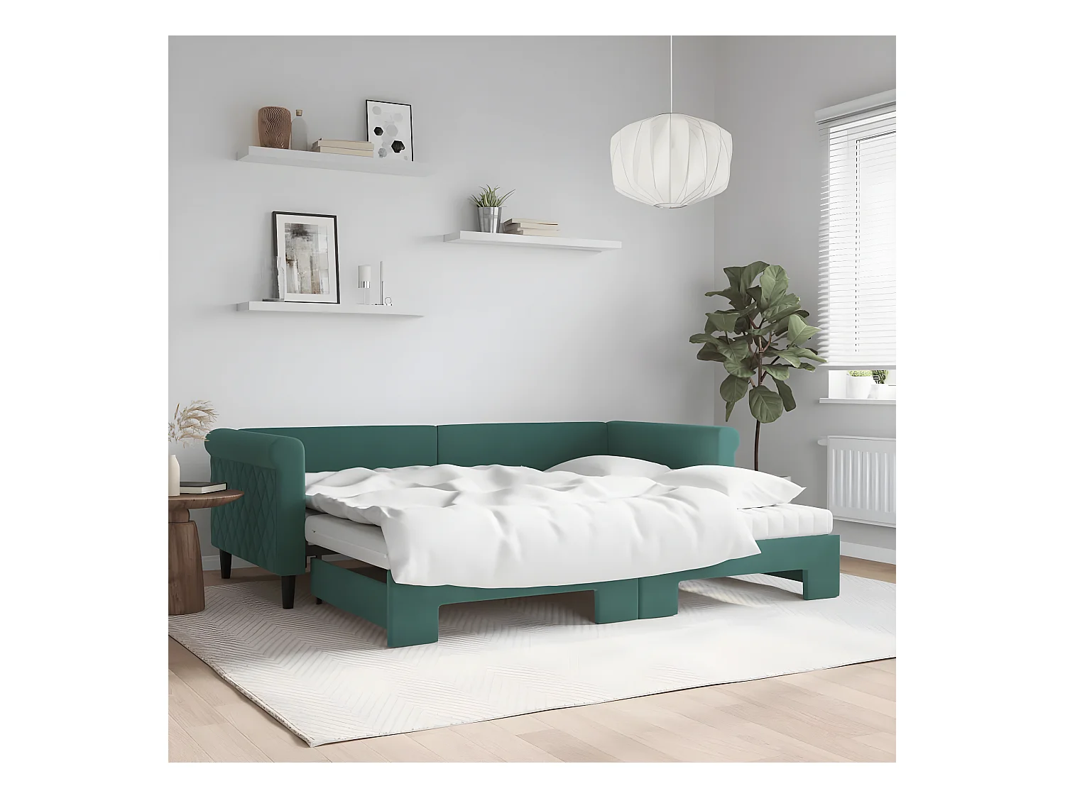 Lit de jour avec gigogne et matelas vert foncé 90x200cm velours
