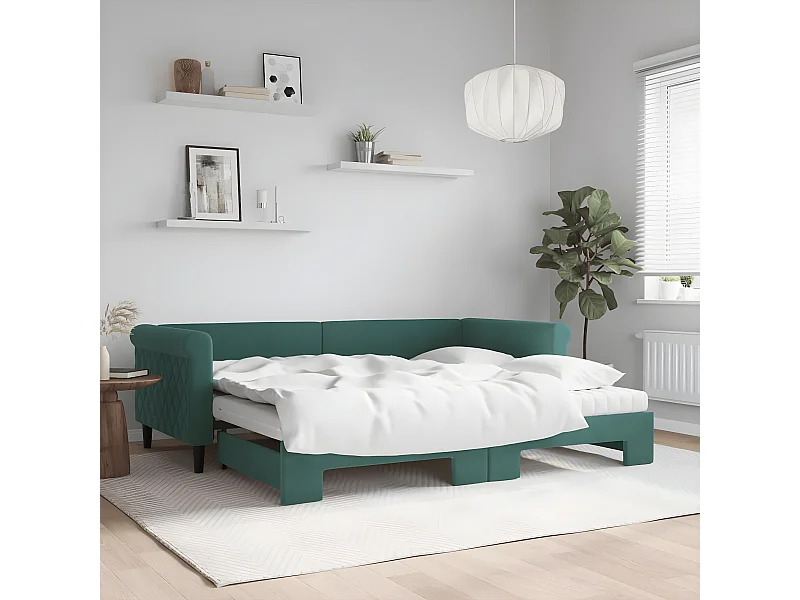 Sofá cama nido con colchón terciopelo verde oscuro 90x200 cm