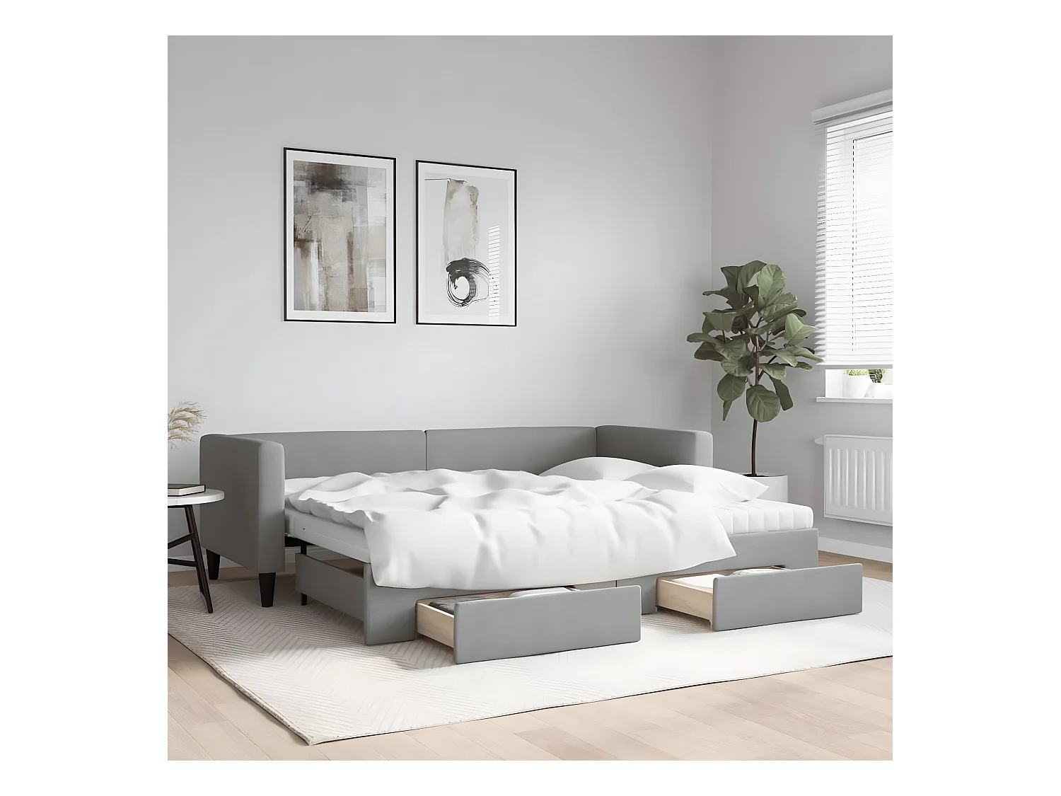 Lit de jour avec gigogne et tiroirs gris clair 80x200 cm tissu