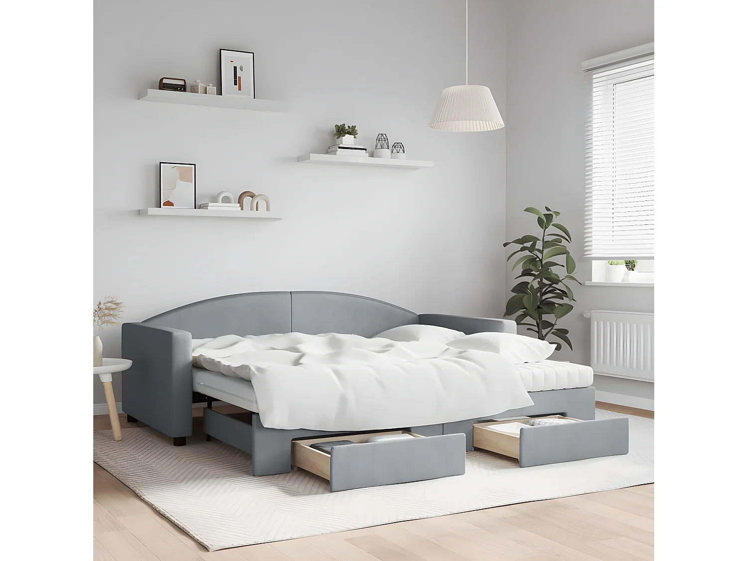 Lit de jour avec gigogne et tiroirs gris clair 90x190 cm tissu