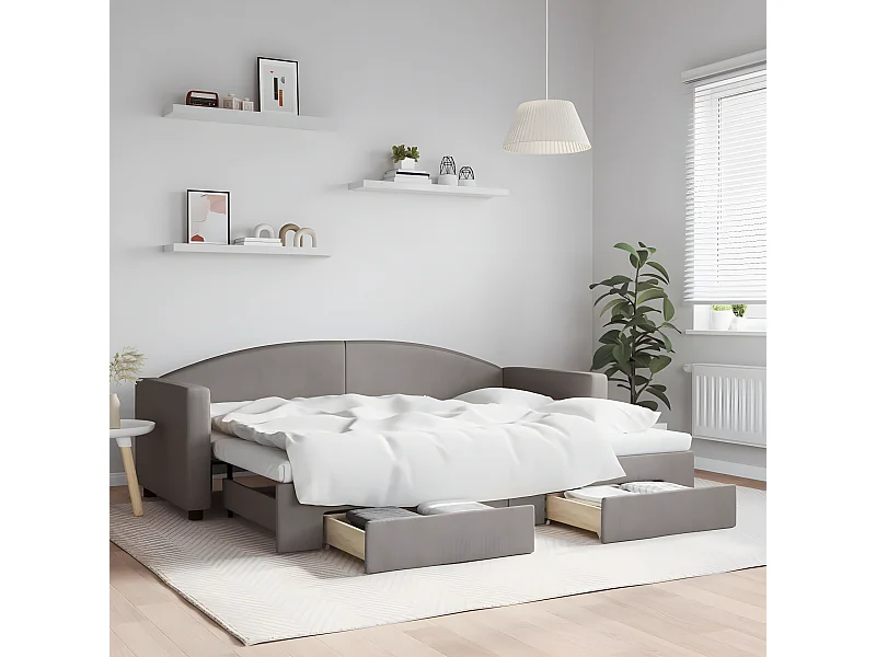 Lit de jour avec gigogne et tiroirs taupe 80x200 cm tissu