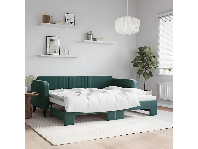 Sofá-cama com gavetão 90x200 cm veludo verde-escuro