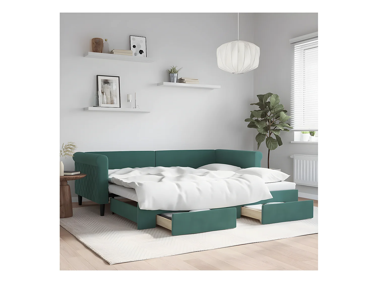 Sofá cama nido con cajones terciopelo verde oscuro 90x200 cm