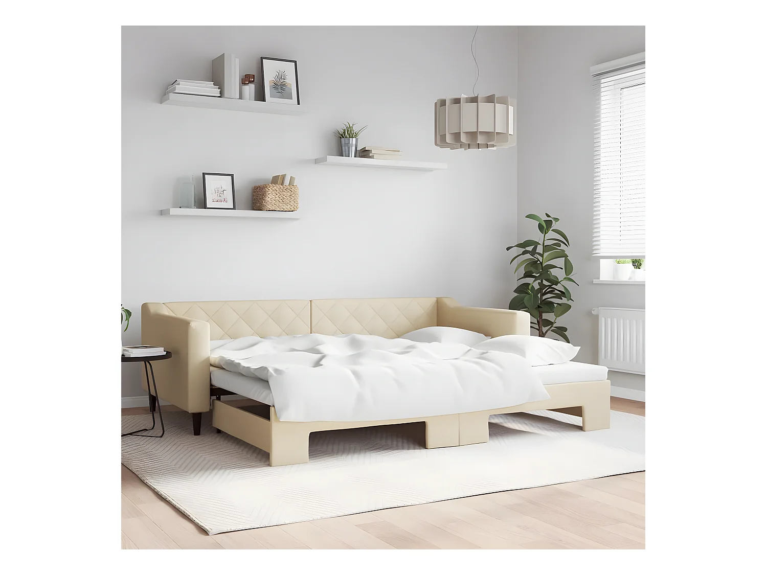 Lit de jour avec lit gigogne crème 90x200 cm tissu
