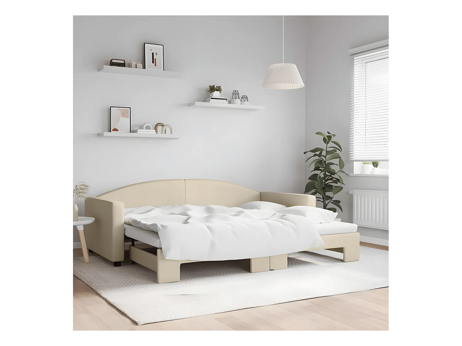 Lit de jour avec lit gigogne crème 90x200 cm tissu