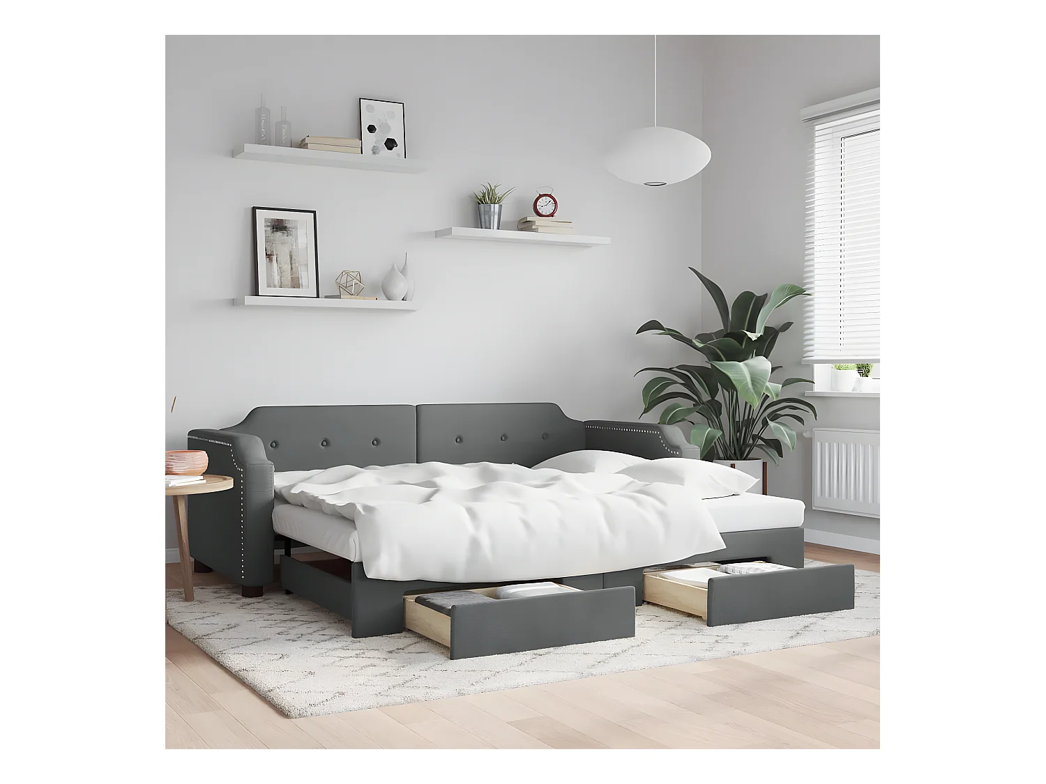 Lit de jour avec gigogne et tiroirs gris foncé 90x200 cm tissu