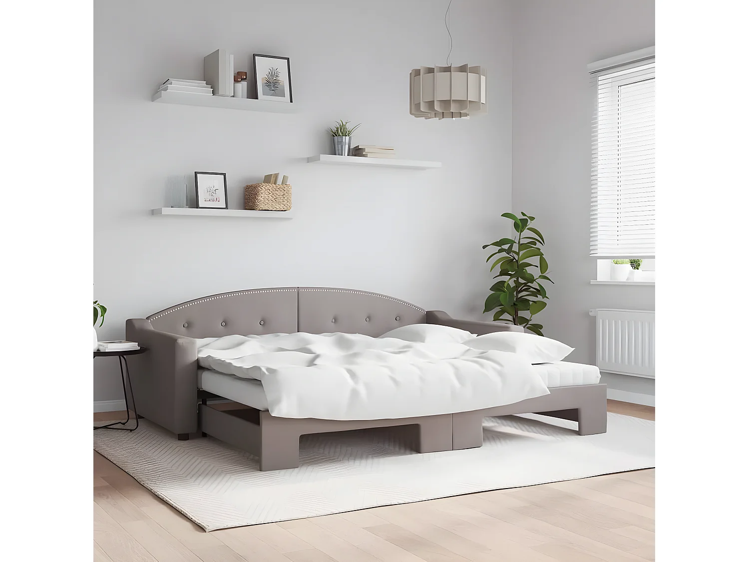 Lit de jour avec gigogne et matelas taupe 90x200 cm tissu
