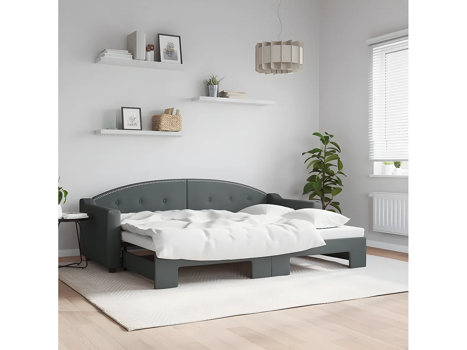 Lit de jour avec lit gigogne gris foncé 80x200 cm tissu