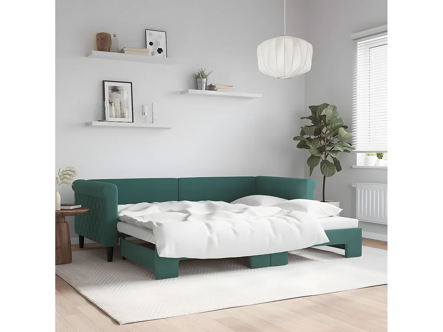 Sofá-cama com gavetão 90x200 cm veludo verde-escuro