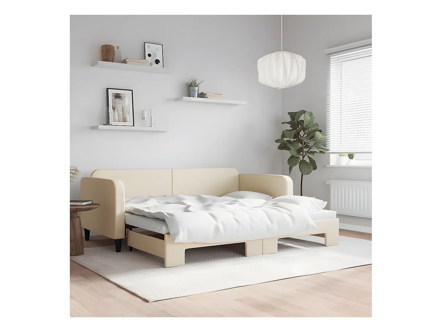 Lit de jour avec lit gigogne crème 90x200 cm tissu