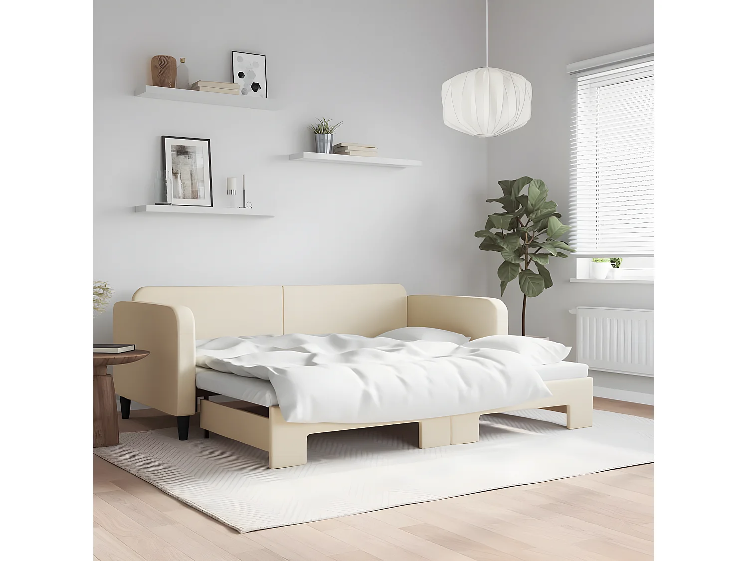 Lit de jour avec lit gigogne crème 90x200 cm tissu