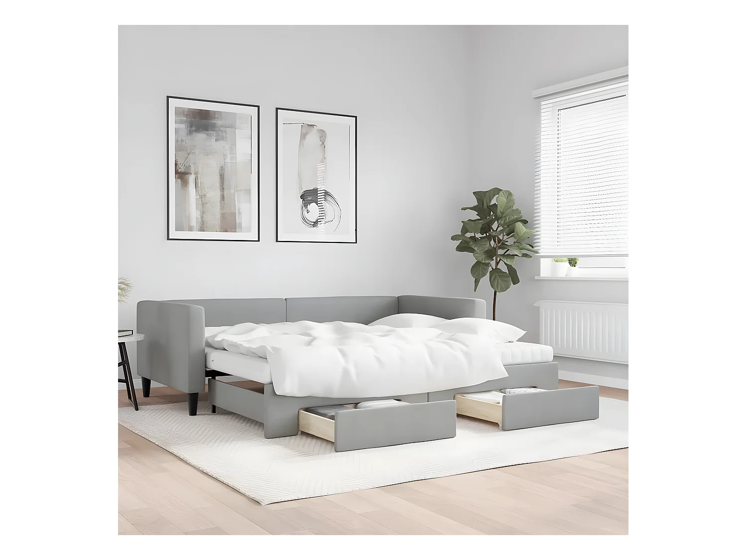 Lit de jour avec gigogne et tiroirs gris clair 90x190 cm tissu