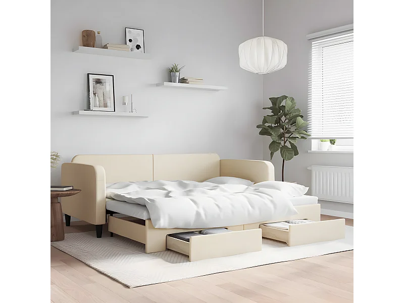 Lit de jour avec gigogne et tiroirs crème 90x200 cm tissu