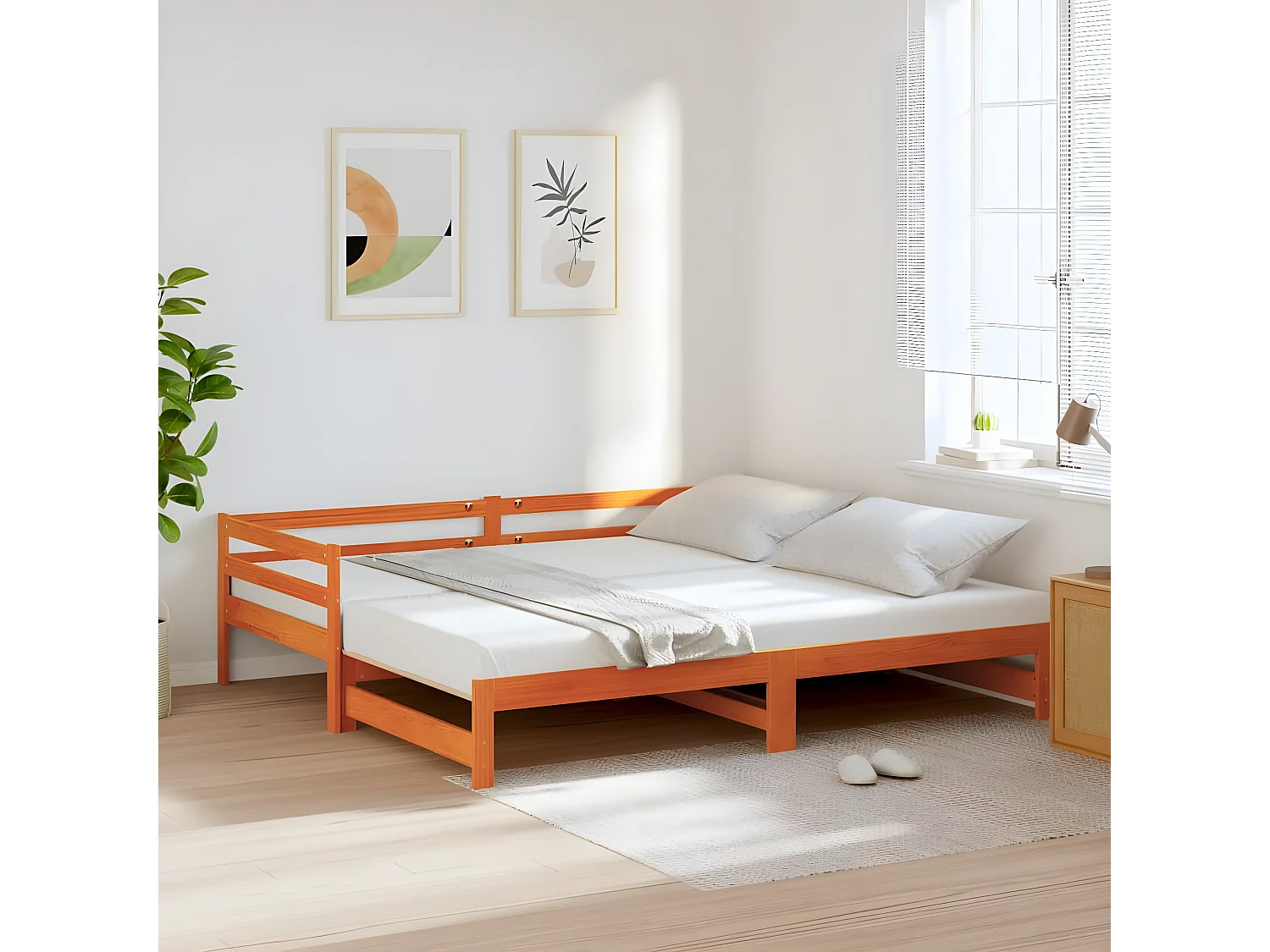 Lit de jour avec lit gigogne cire marron 90x190 cm pin massif