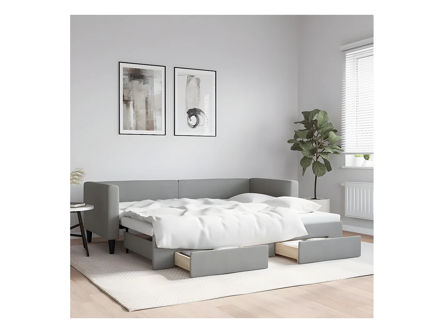 Lit de jour avec gigogne et tiroirs gris clair 80x200 cm tissu