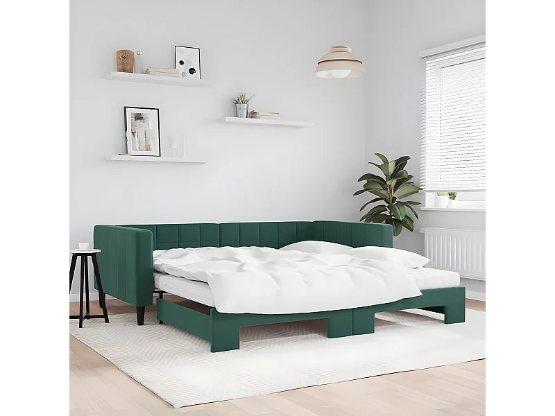 Lit de jour et gigogne et matelas vert foncé 100x200 cm velours