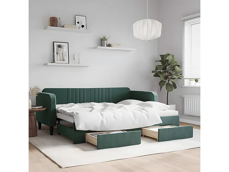 Sofá-cama c/ gavetão e gavetas 80x200cm veludo verde-escuro