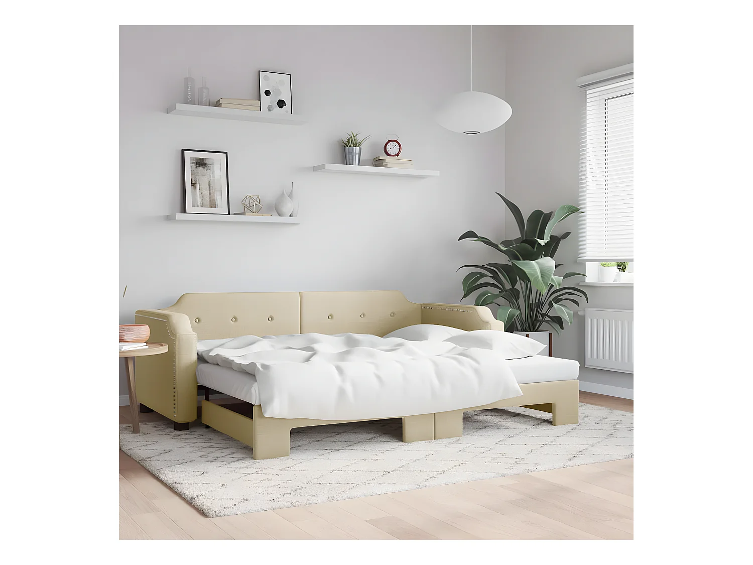 Lit de jour avec lit gigogne crème 90x200 cm tissu