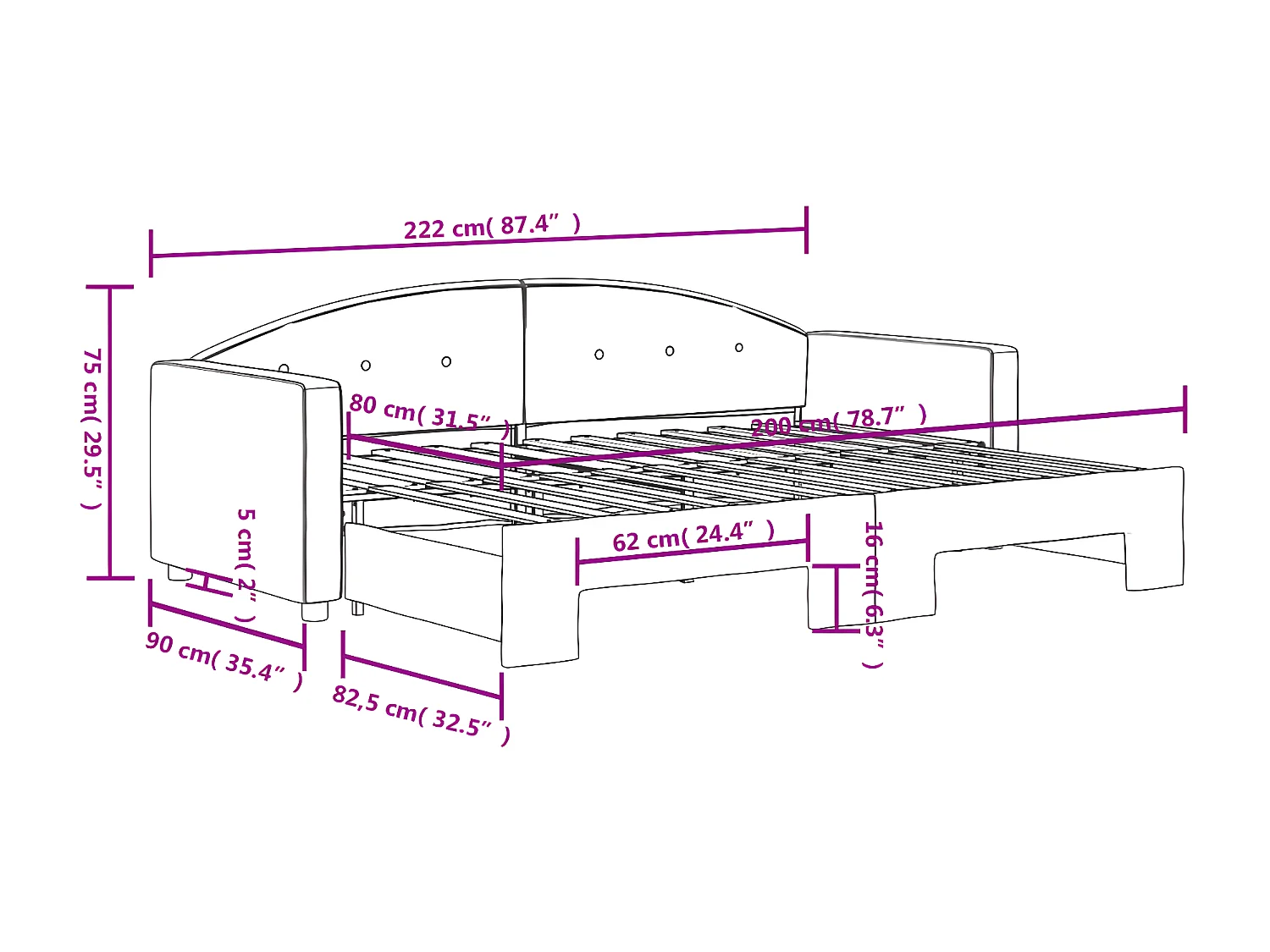 Lit de jour avec lit gigogne bleu 80x200 cm velours