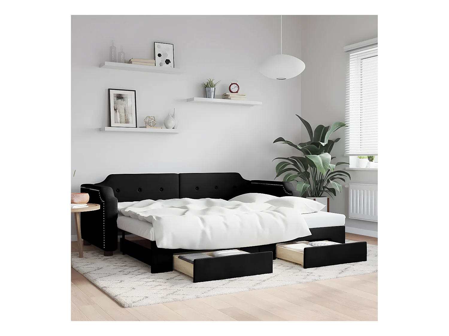 Sofá-cama com gavetão e gavetas 80x200 cm tecido preto