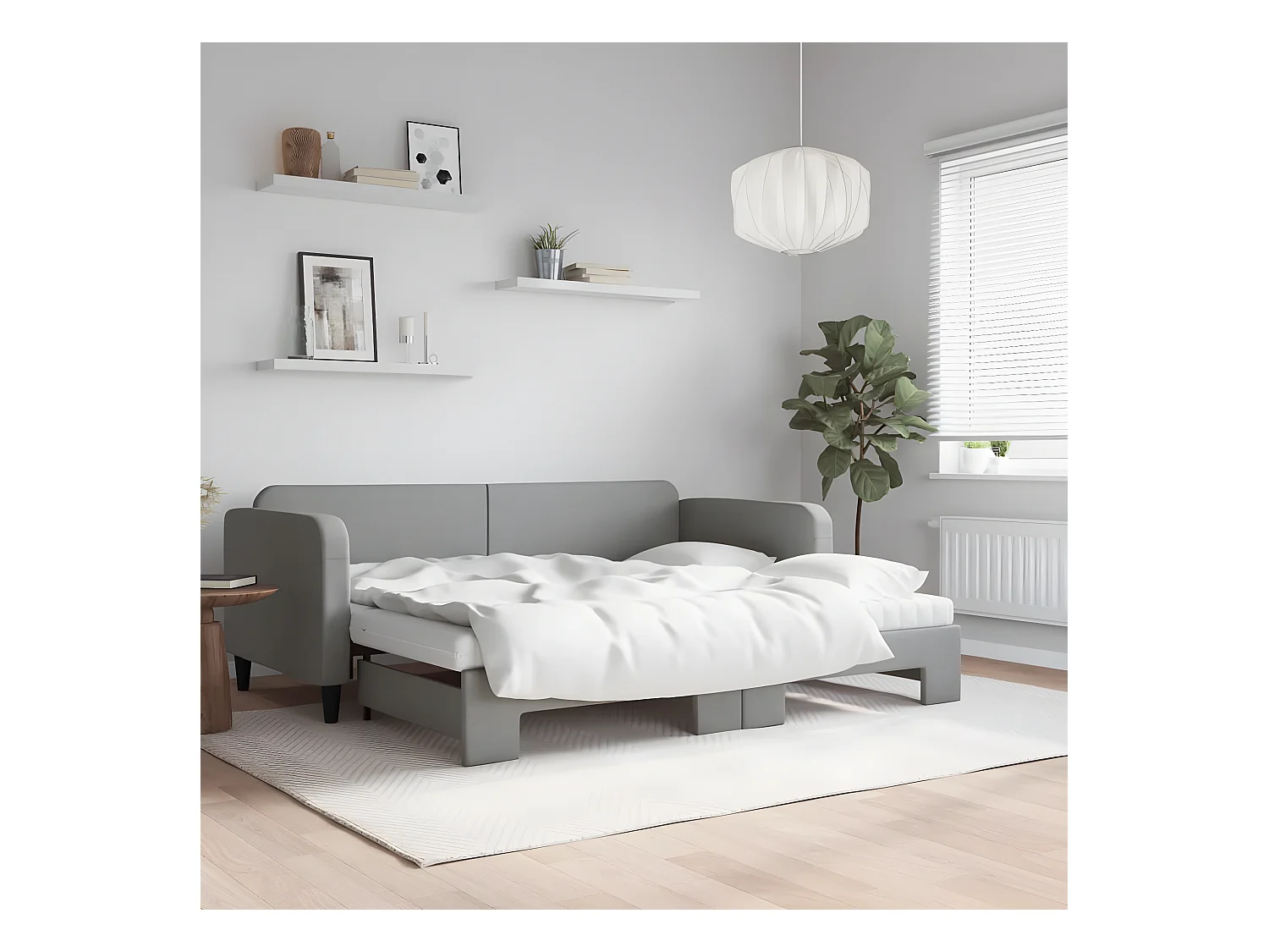 Lit de jour avec gigogne et matelas gris clair 90x200 cm tissu