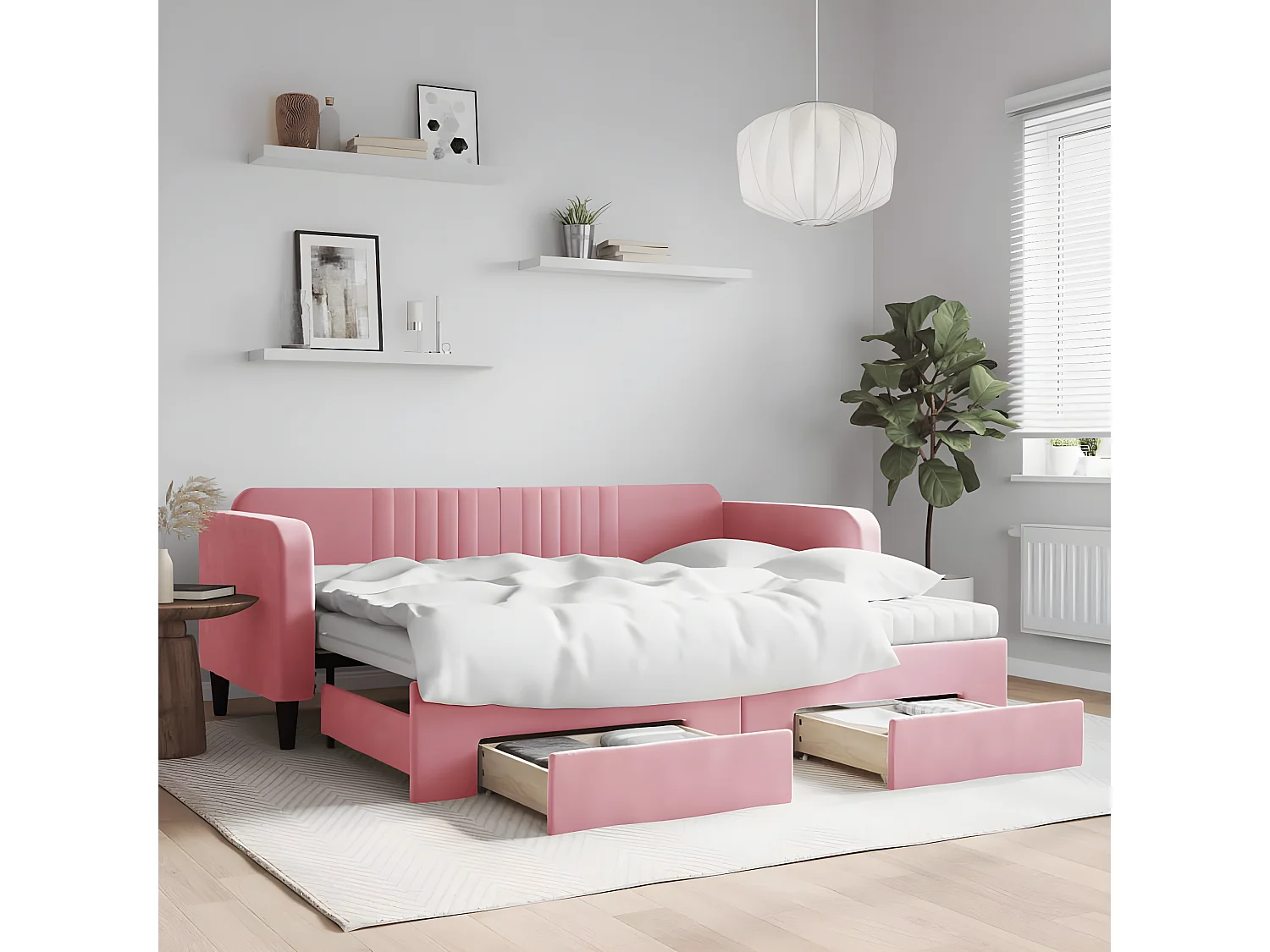 Sofá-cama com gavetão e gavetas 90x200 cm veludo rosa