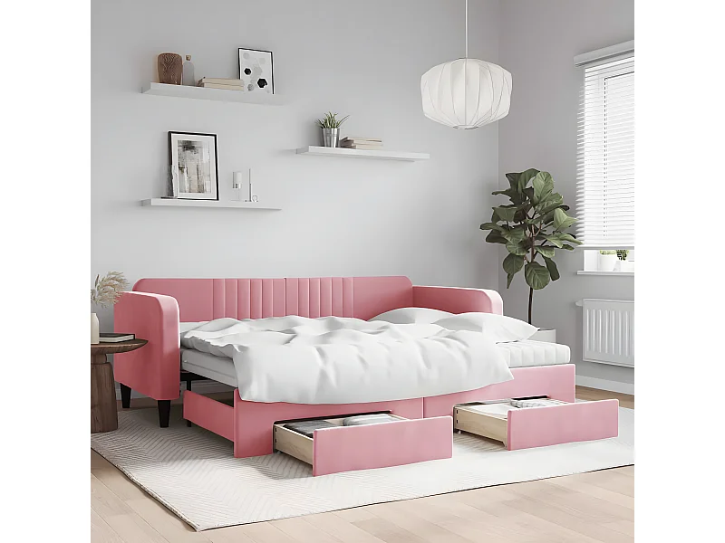 Sofá-cama com gavetão e gavetas 90x200 cm veludo rosa