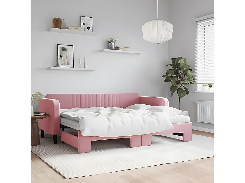 Sofá-cama com gavetão e colchões 80x200 cm veludo rosa
