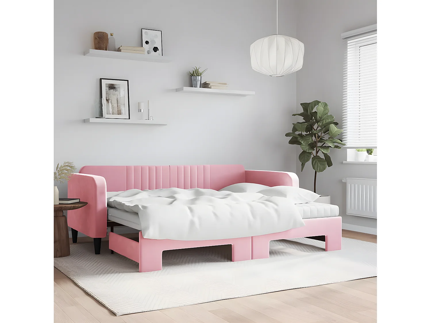Lit de jour avec gigogne et matelas rose 90x200 cm velours