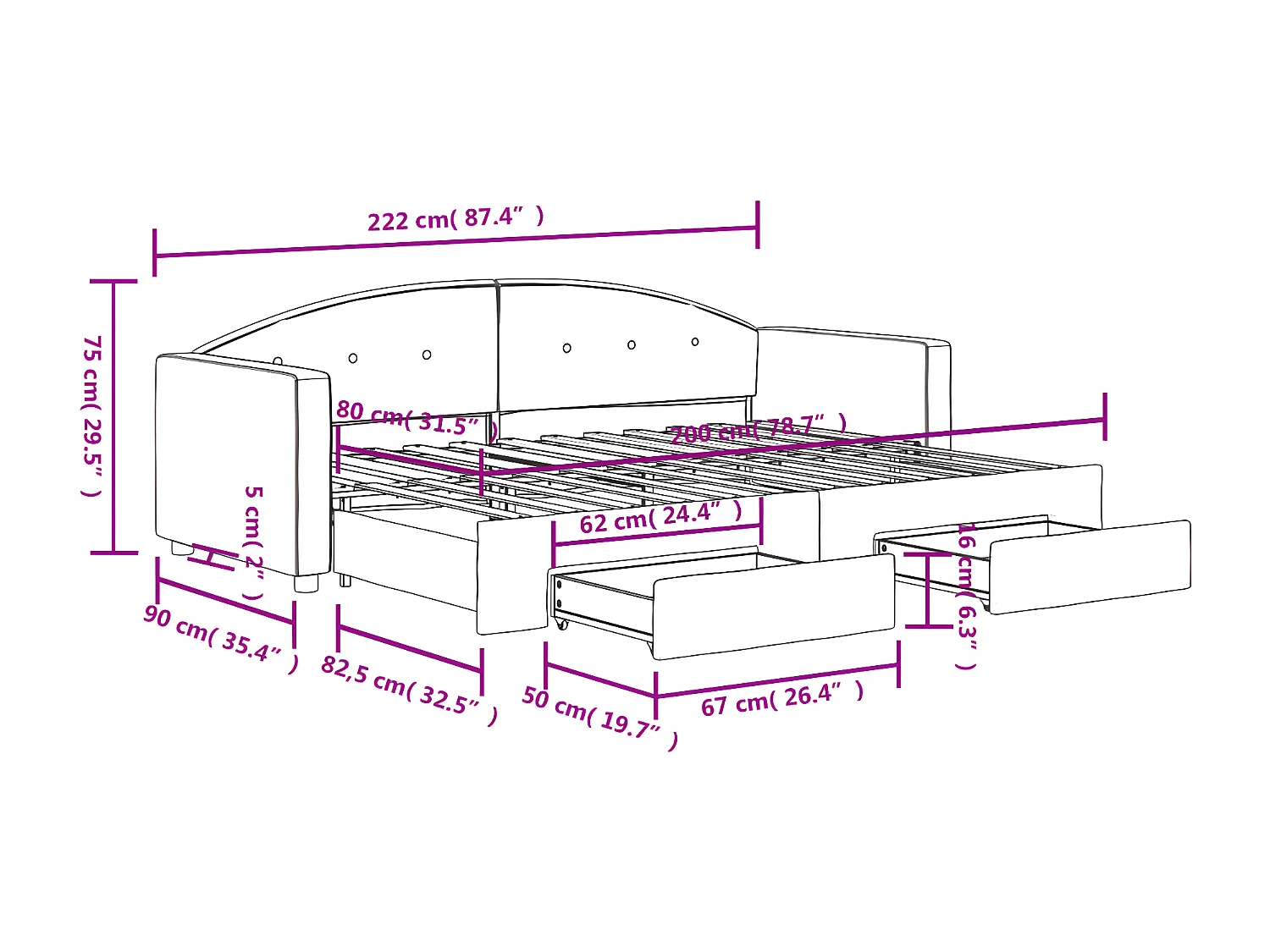 Lit de jour avec gigogne et tiroirs bleu 80x200 cm velours