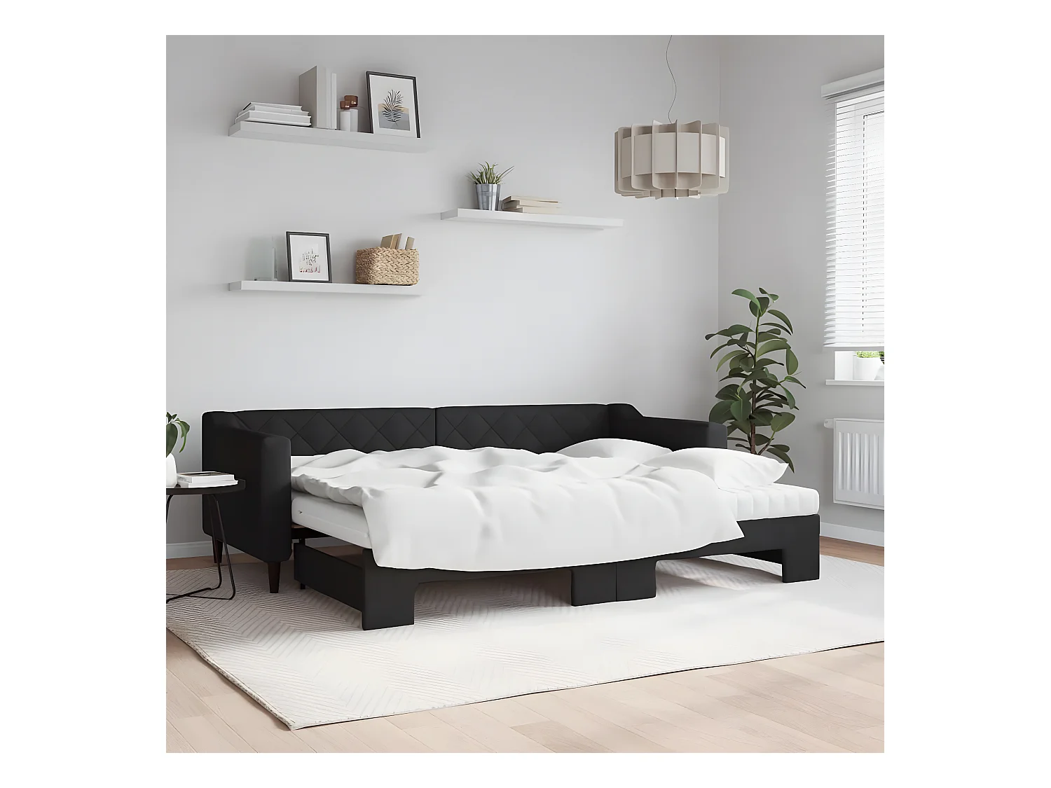 Lit de jour avec lit gigogne et matelas noir 80x200 cm tissu