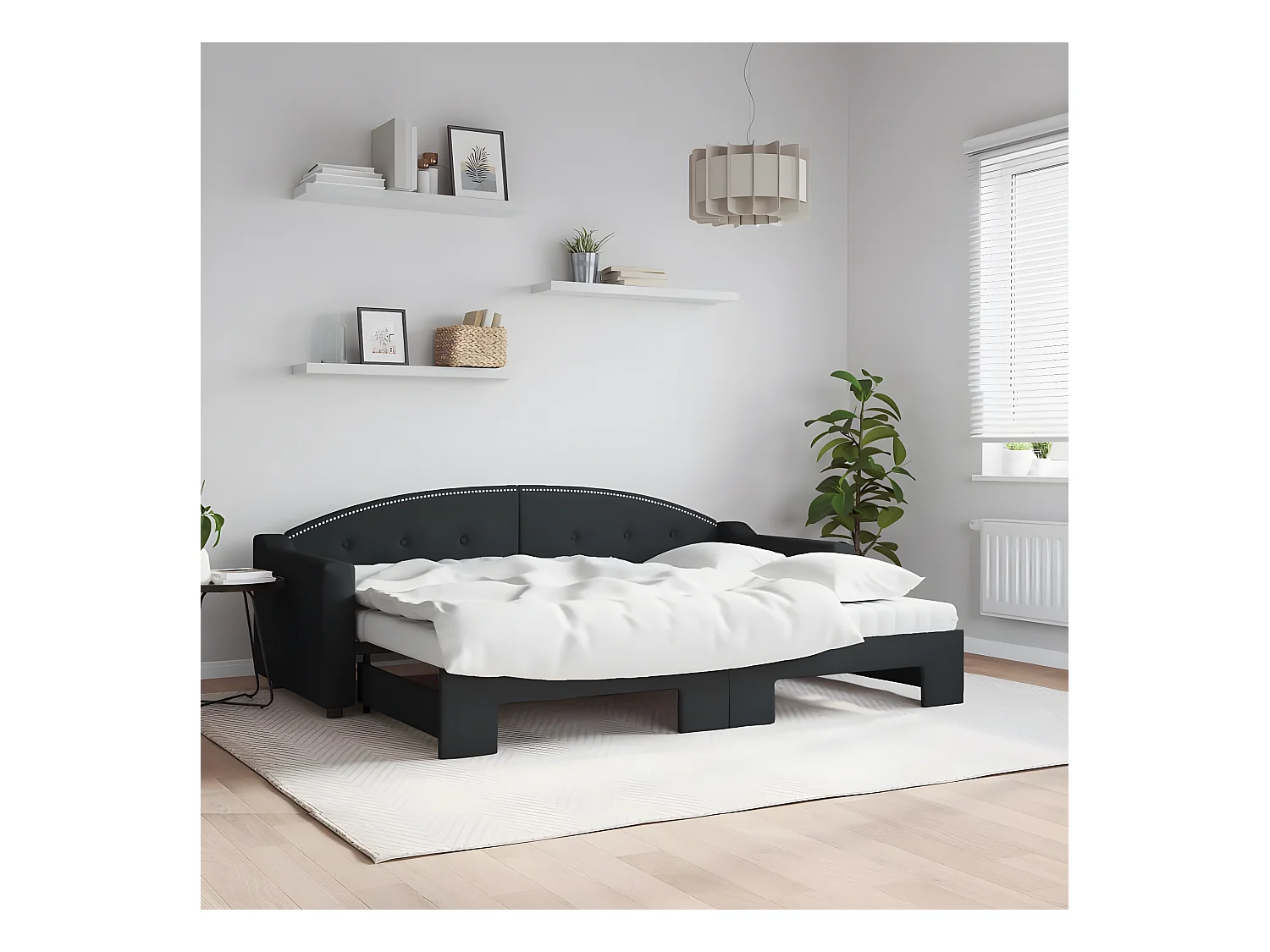 Lit de jour avec lit gigogne et matelas noir 80x200 cm tissu