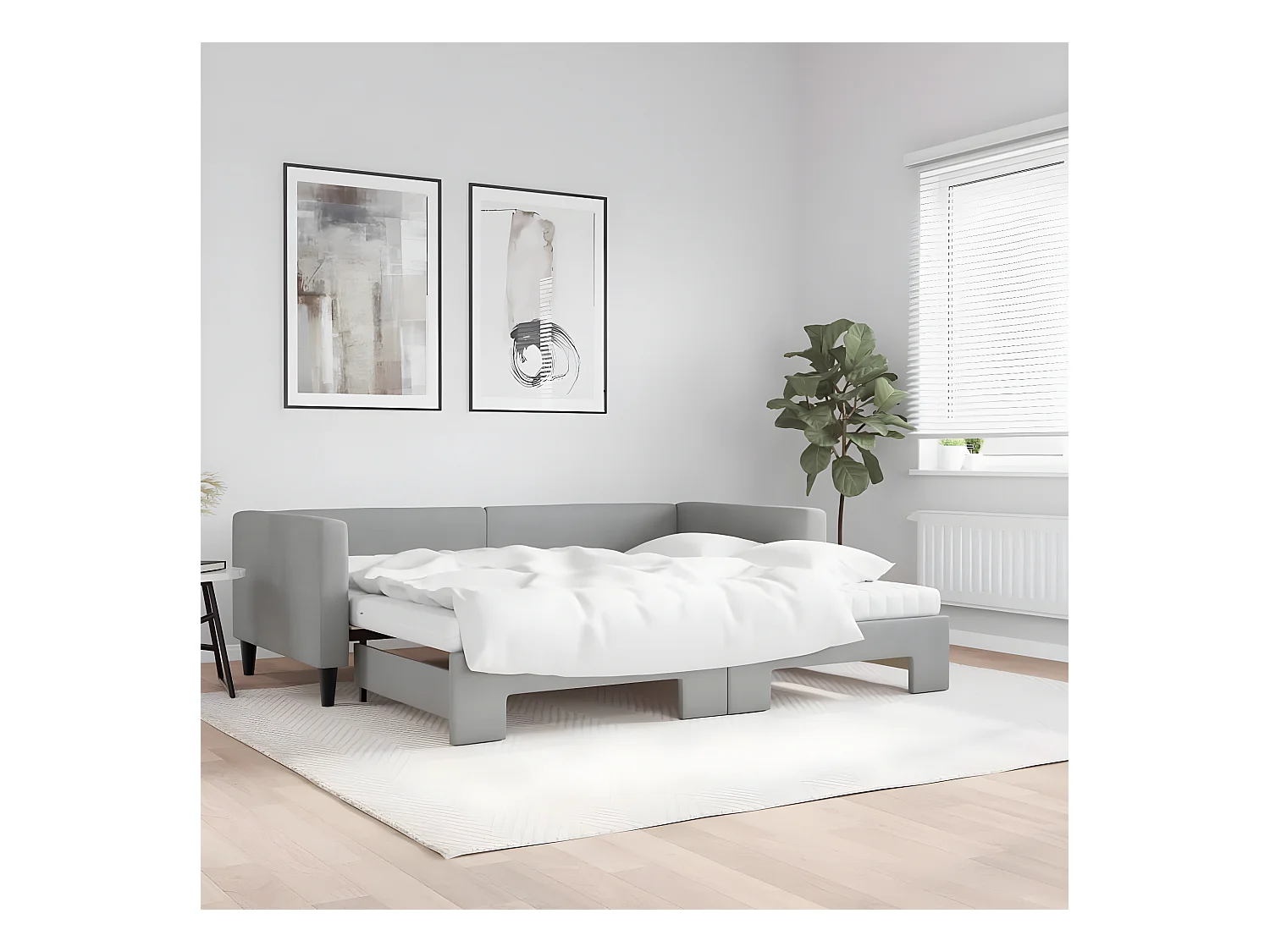Lit de jour avec gigogne et matelas gris clair 90x190 cm tissu