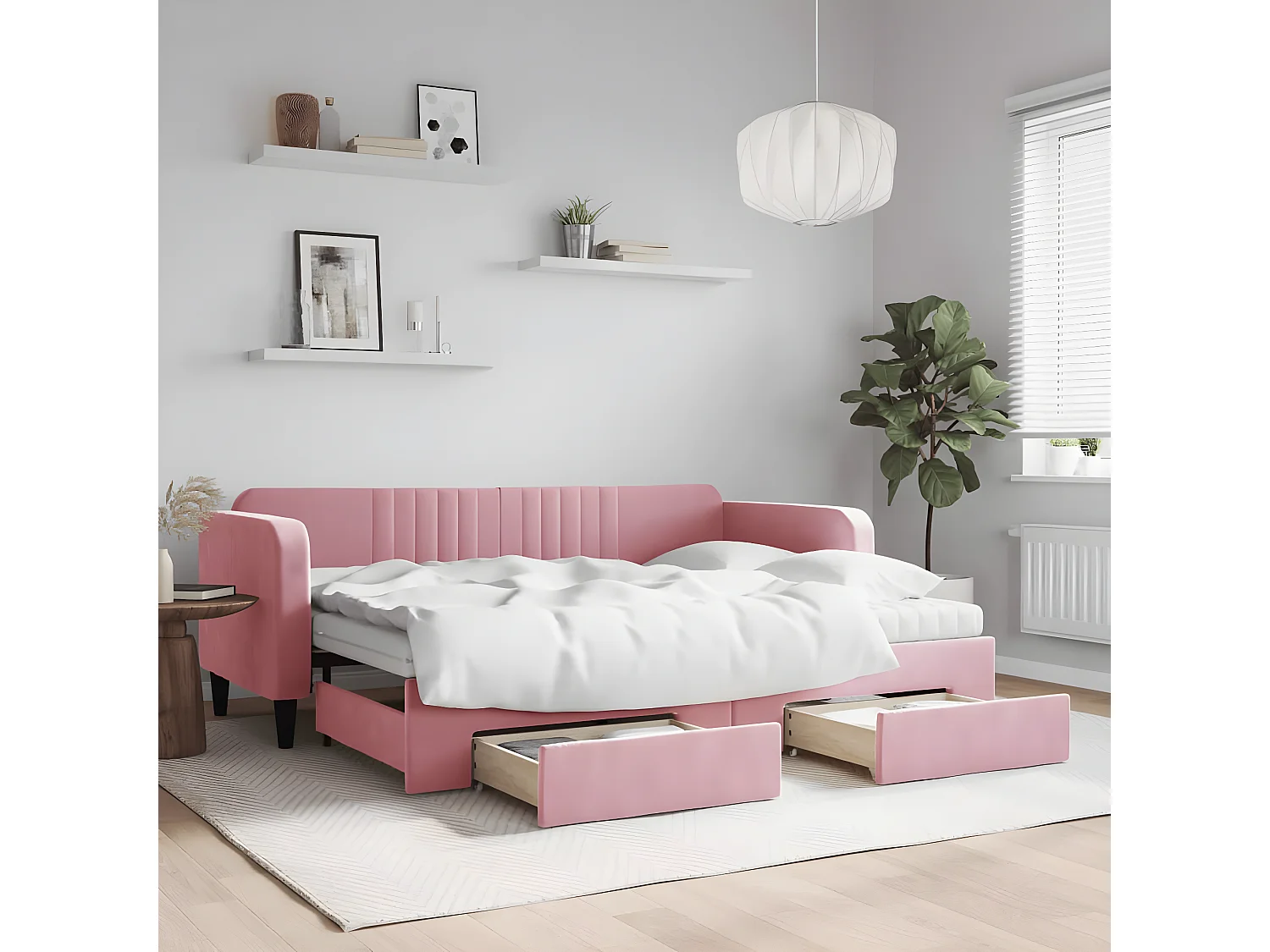 Sofá cama nido con cajones terciopelo rosa 80x200 cm