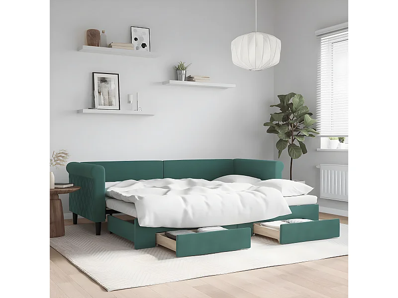 Sofá-cama c/ gavetão e gavetas 80x200cm veludo verde-escuro