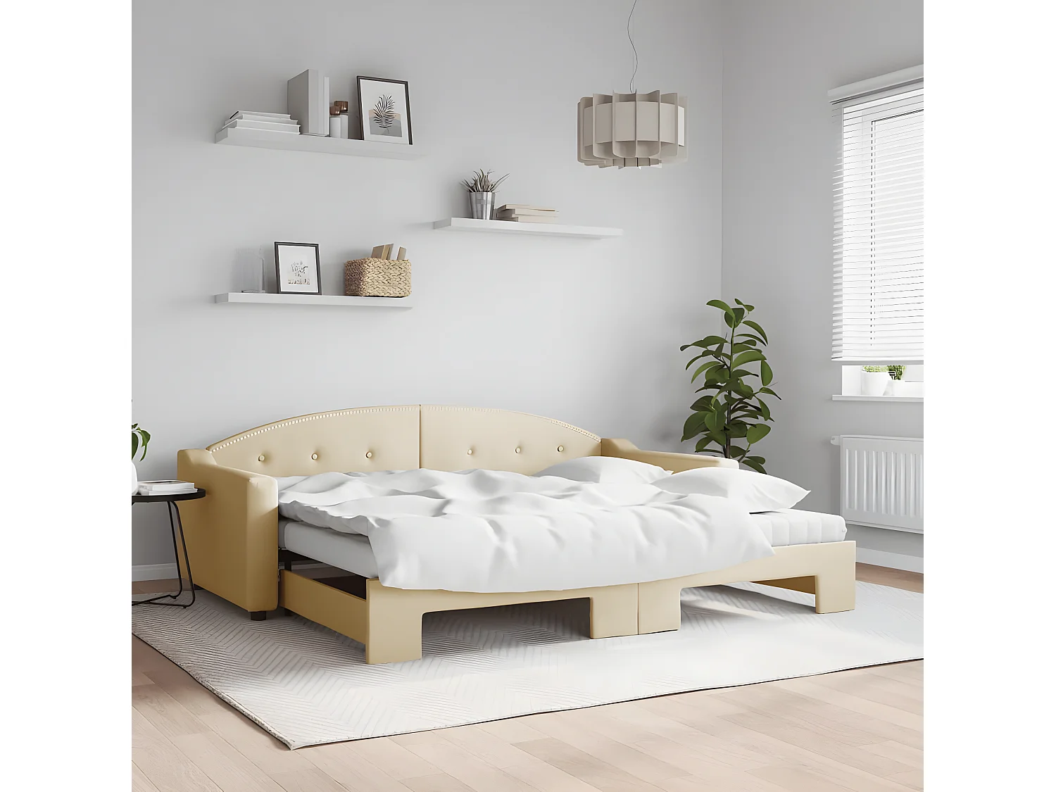 Lit de jour avec gigogne et matelas crème 90x200 cm tissu