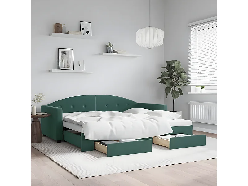 Sofá cama nido con cajones terciopelo verde oscuro 90x200 cm