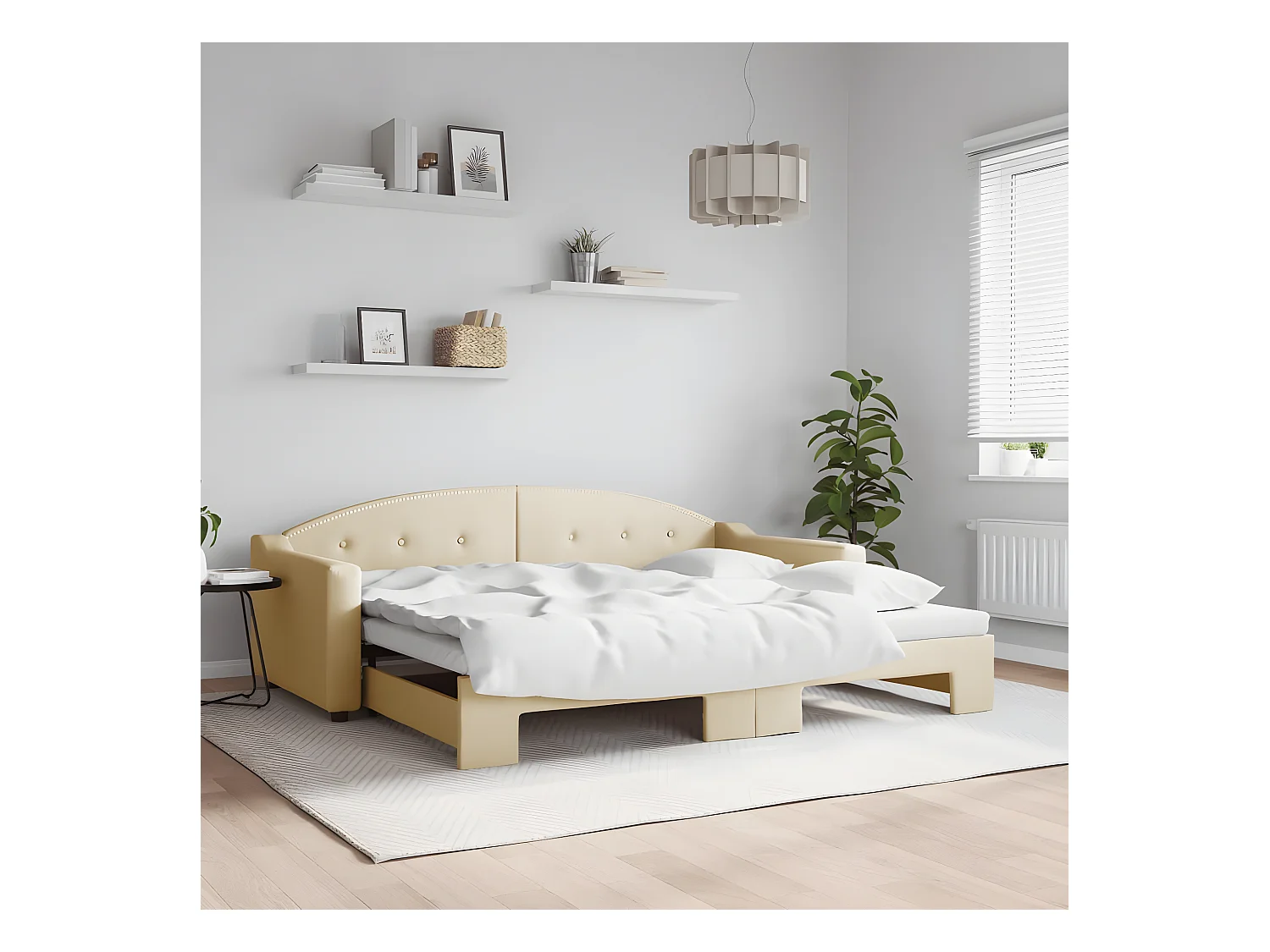 Lit de jour avec lit gigogne crème 90x200 cm tissu