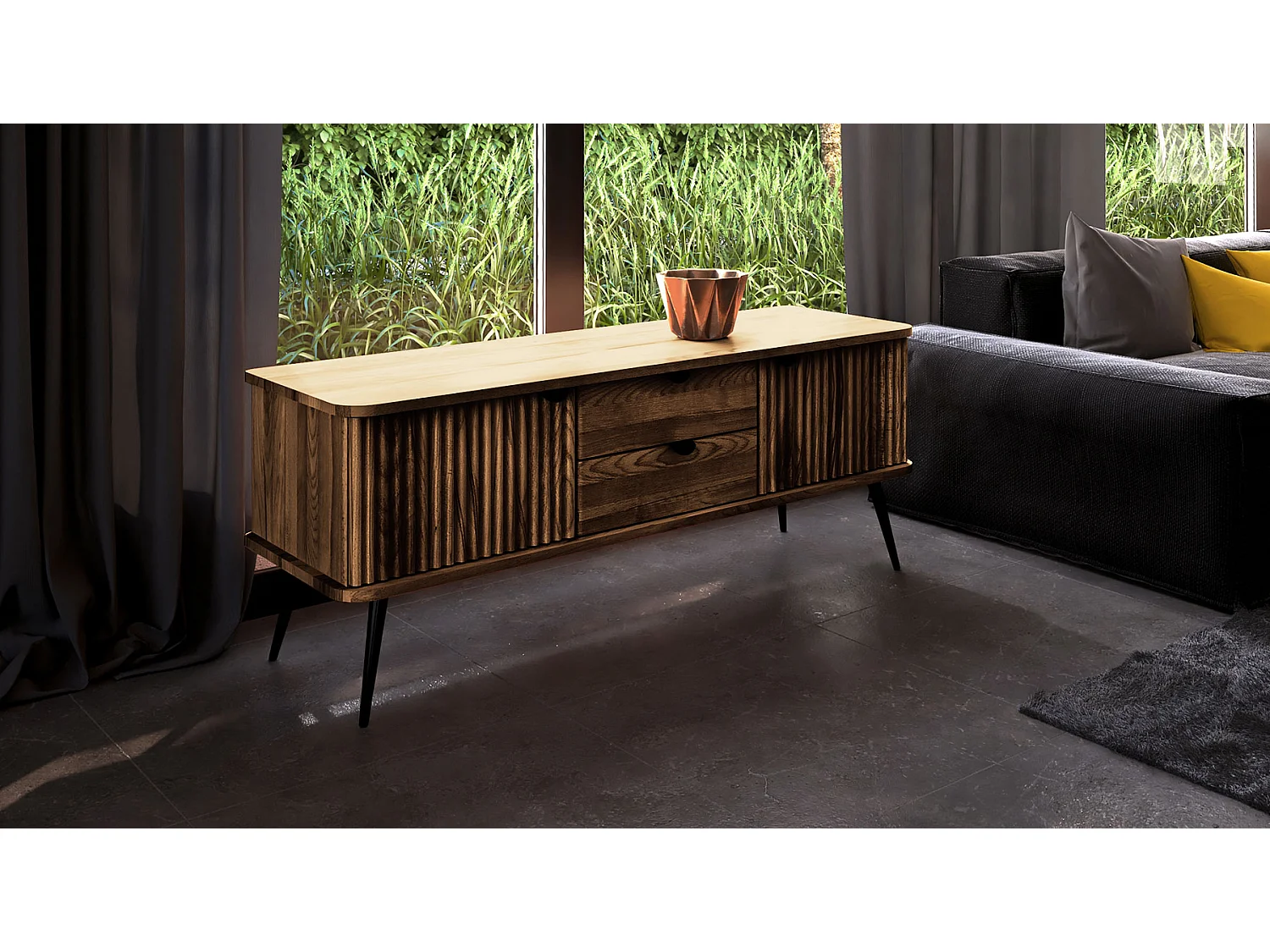 Meuble bas bois hêtre 2 portes paola 144x45cm