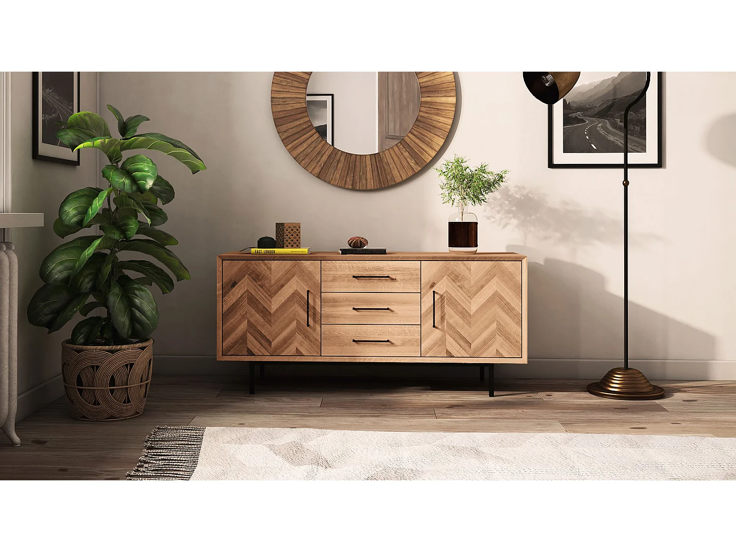 Meuble bas bois hêtre 2 portes paola 144x45cm