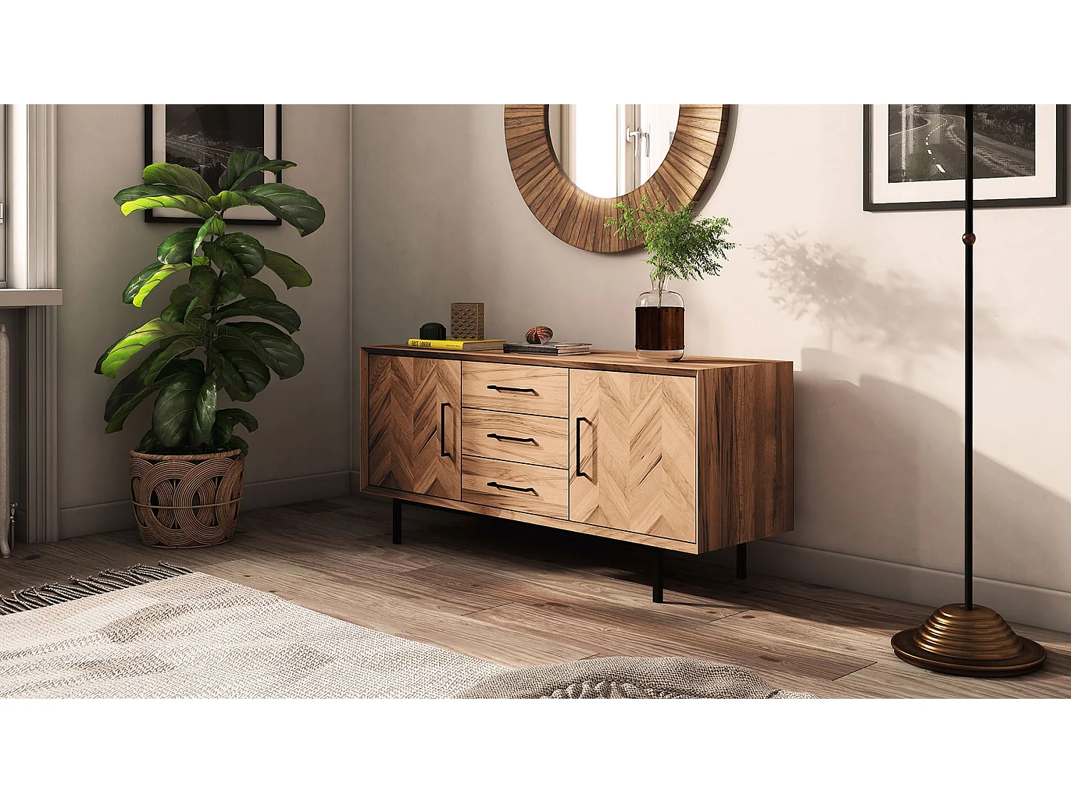 Meuble bas bois hêtre 2 portes paola 144x45 cm