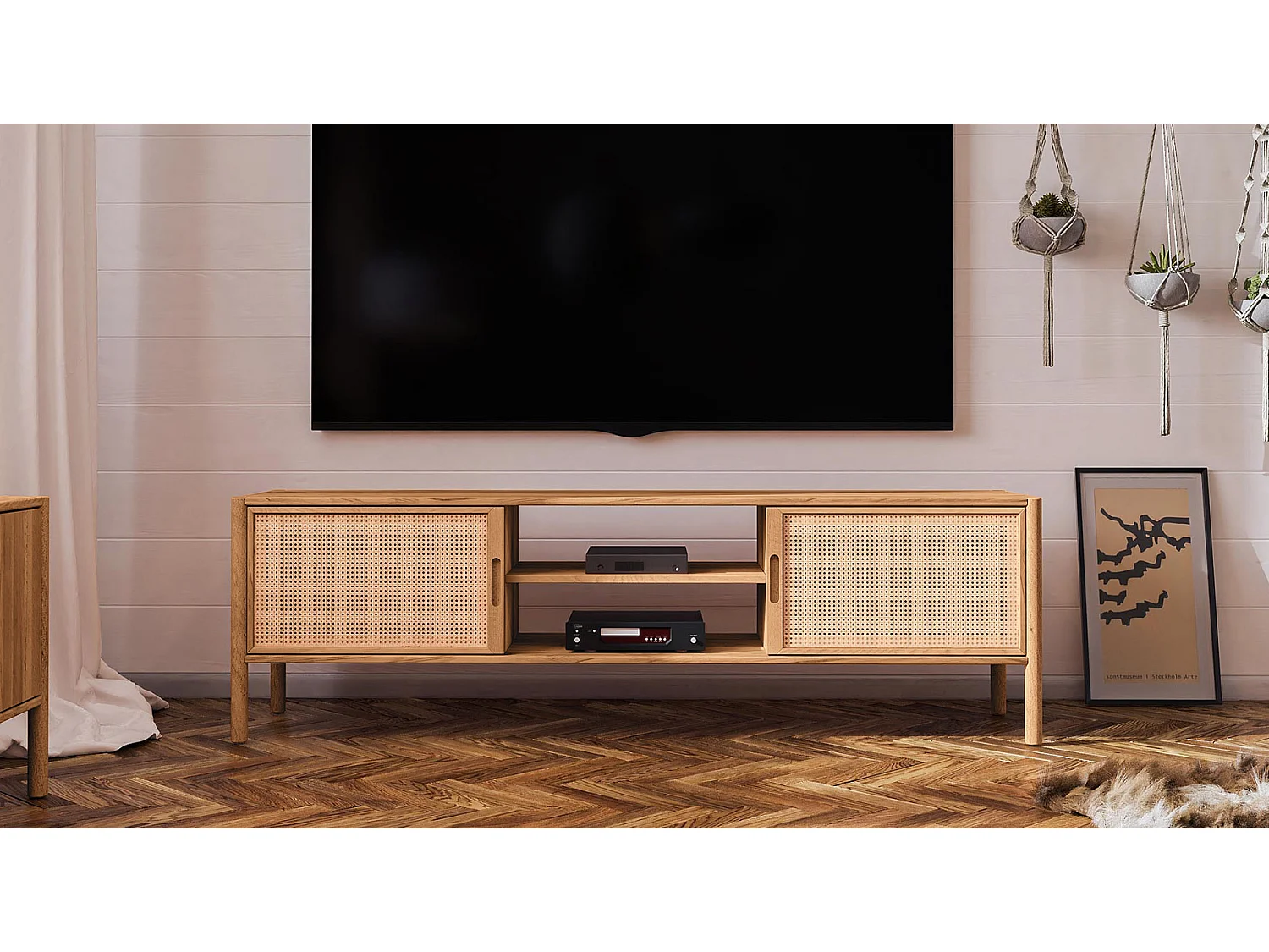 Meuble de télévision hêtre et canage sogno  204x46cm