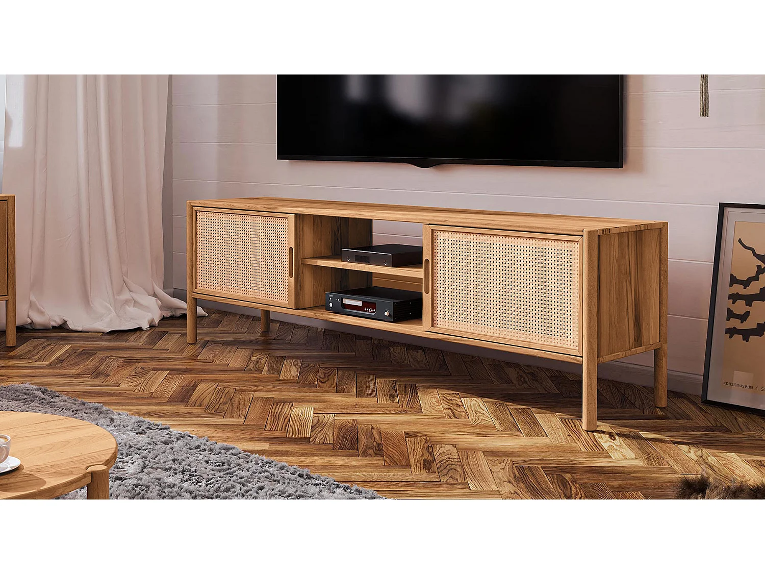 Meuble tv bois hêtre 3 tiroirs paola  144x45cm